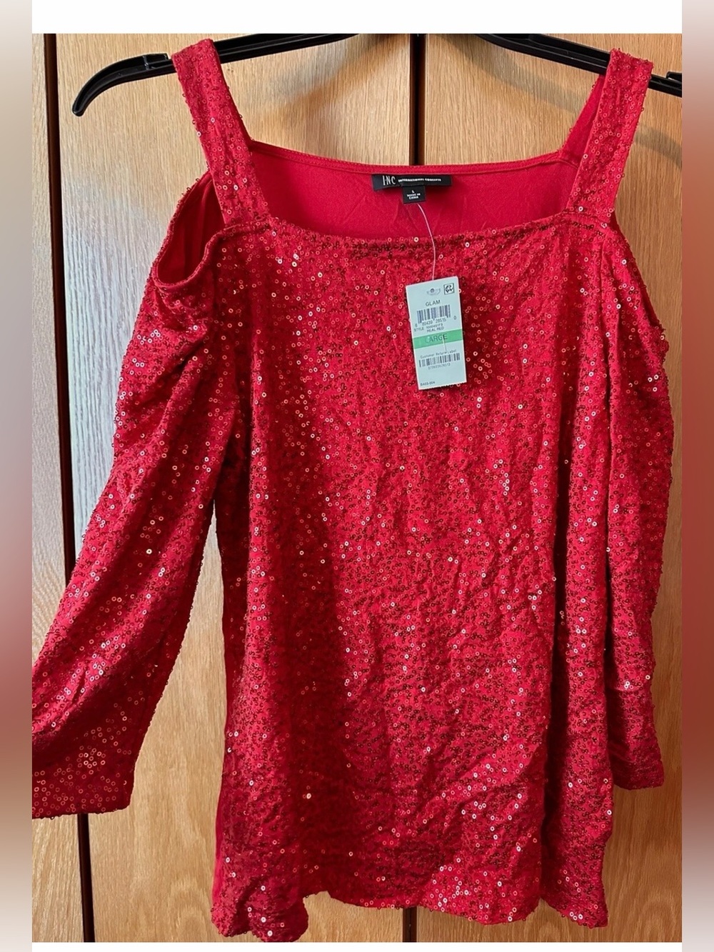 Womens Lg INC International Concepts Red Sequin Cold-Shoulder Long Sleeve Top